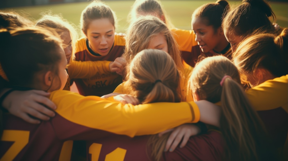 athletes in circle on field