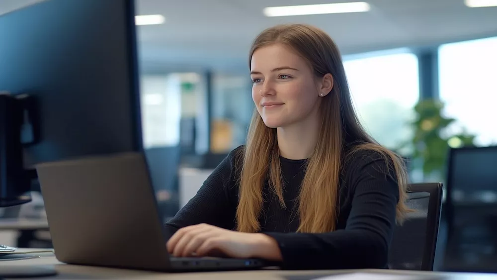 a woman sitting at a desk with a laptop